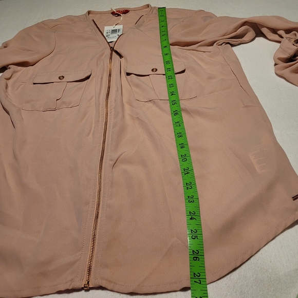 NWT Guess Blush Pink Zip Front Semi Sheer Long Sleeve Blouse Large - Picture 10 of 12
